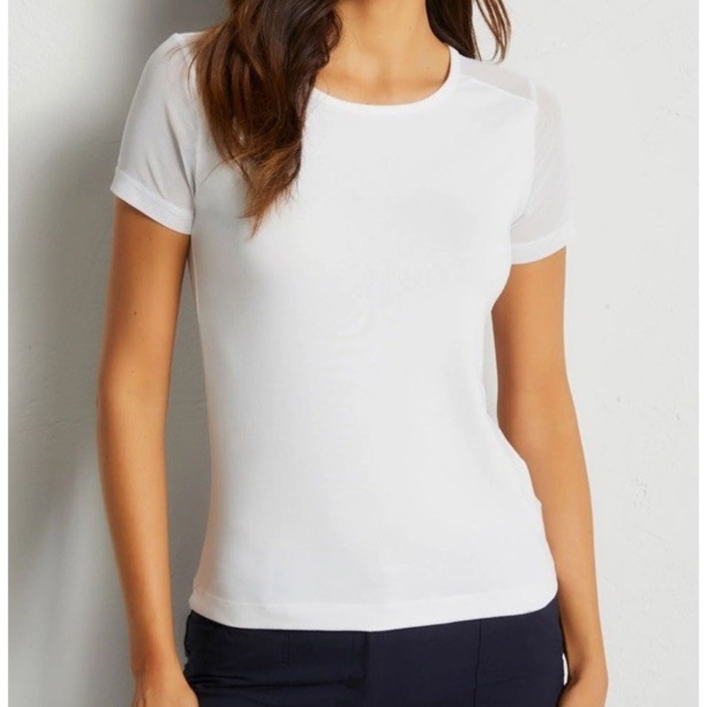 Anatomie Women's LARGE Melissa Pima Cotton T-Shirt White Sheer Mesh Sleeves